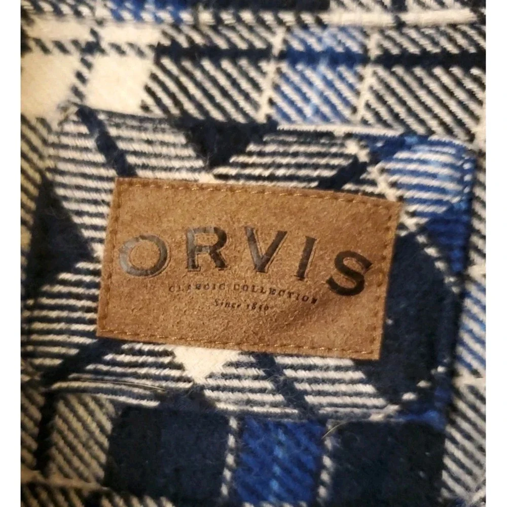 Orvis Heavy Flannel Shirt Jacket Mens XL Blue Plaid Hand Pockets‎ Cotton Shacket